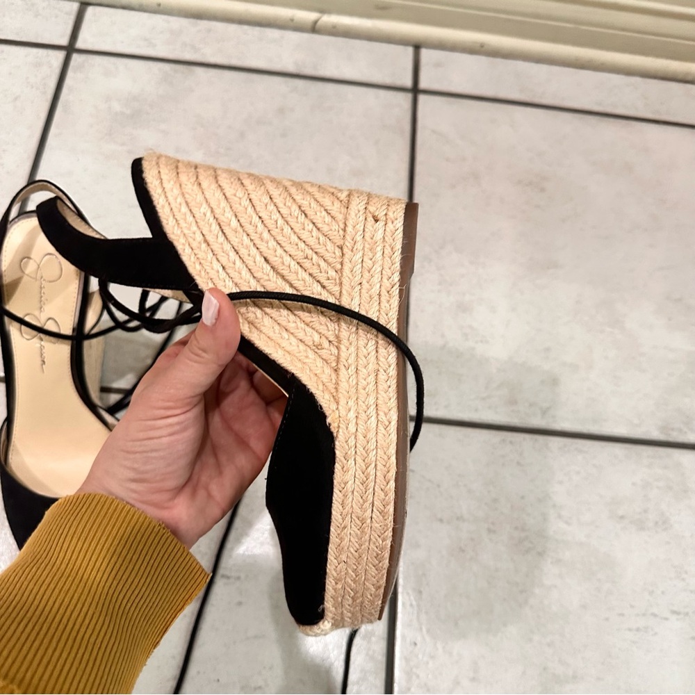 Jessica Simpson Black Espadrille Wedge Sandals with Wrap Ankle Ties - Picture 7 of 10